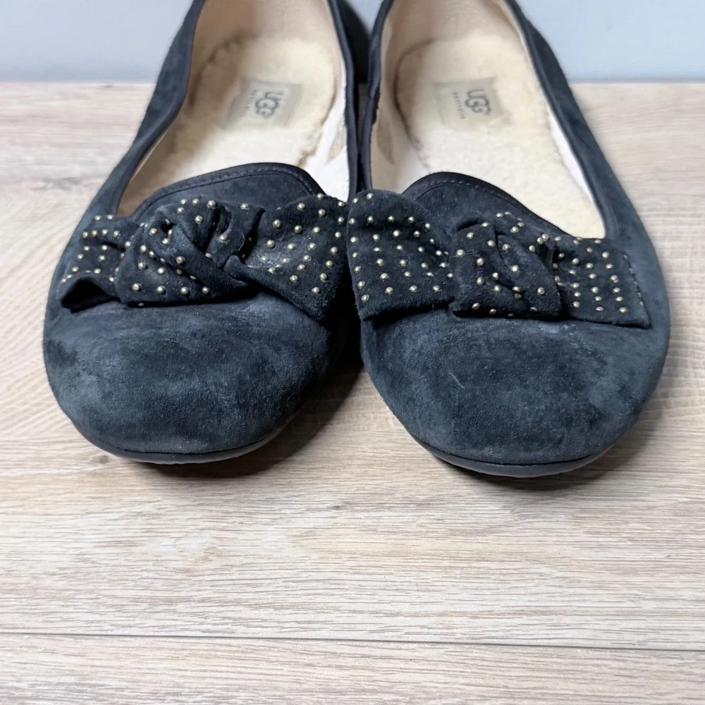 UGG Australia‎ Alloway Studded Bow Ballet Flats 9.5 Black Suede Shearling Lined